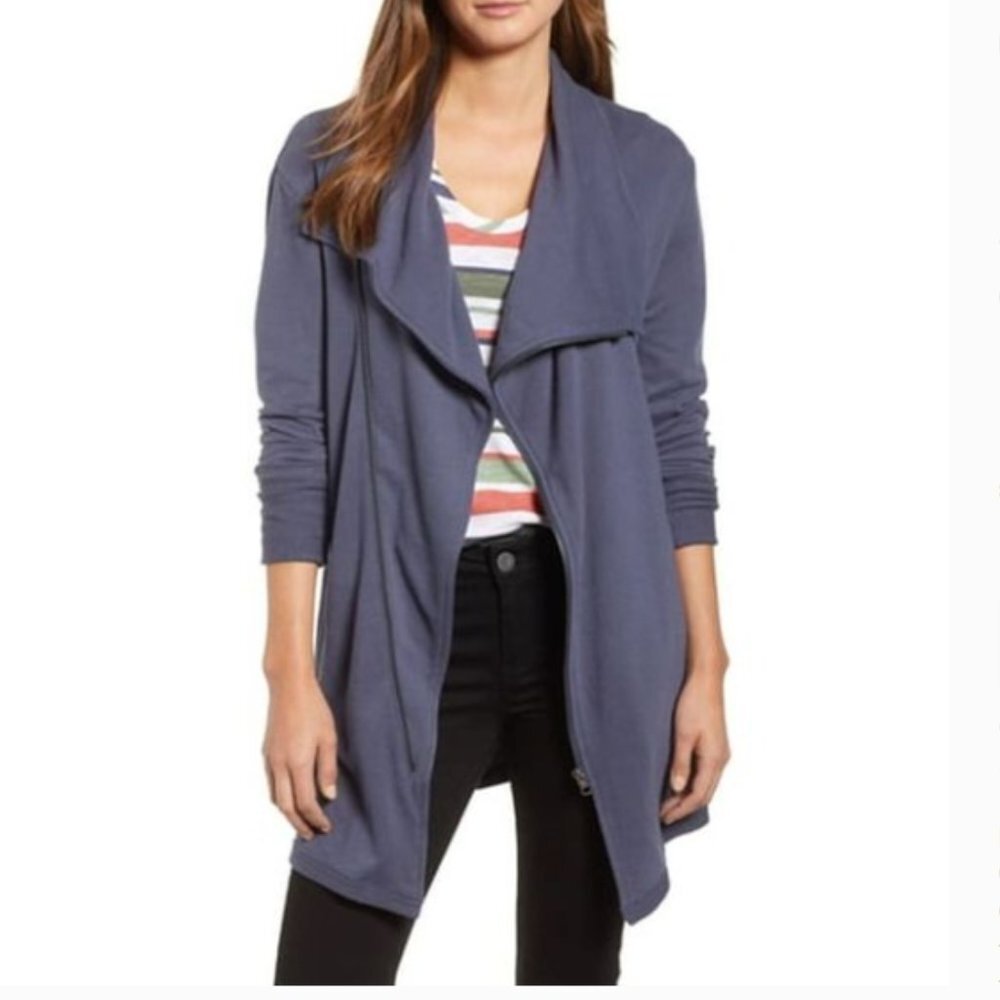Nordstrom Caslon Blue Asymmetrical Drape Collar Terry Moto Zip Jacket S